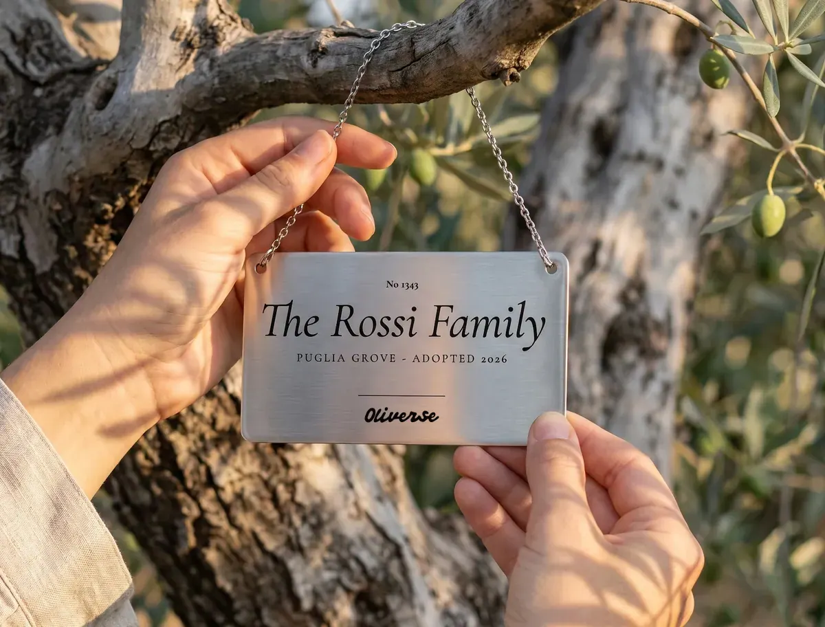 A brushed steel tag hung from an olive branch, engraved No 1343, The Rossi Family, Puglia grove, adopted 2026
