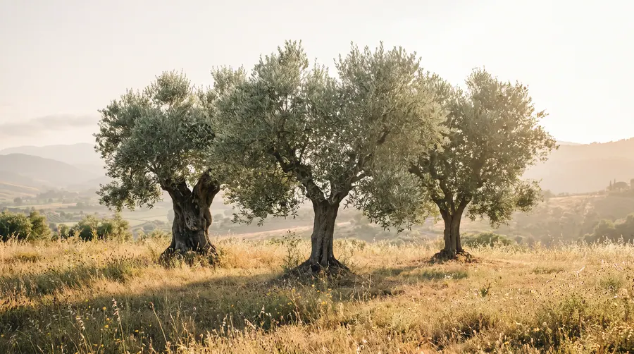 Mature olive trees together above a valley